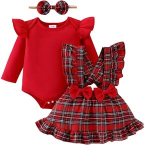 My First Christmas Baby Girl Outfits Infant Clothes Suspender Skirt + Ruffled Romper Dress + Headband 0-24 Months