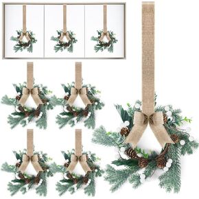 Lyrow 8 Pcs Mini Christmas Kitchen Cabinet Wreaths with Red Black Plaid Ribbon Artificial Green Leaves Red Berries Hanging Wreaths for Home Front Door Christmas Holiday Indoor Decor