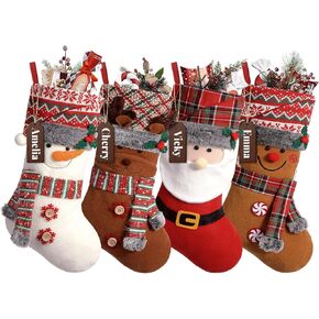 Heflashor Christmas Stockings 4 Pack, 18.5 Inch Burlap Plaid Personalized Xmas Hanging Stockings with Name Tages for Fireplace, Stairs, Christmas Tree Decorations