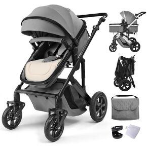 2-in-1 Convertible Baby Stroller with Bassinet Mode, Bassinet Stroller with Reversible Seat, Folding Infant Stroller with Adjustable Backrest & Awning, Toddler Pushchair for 0-36 Months, Green in Kuwait