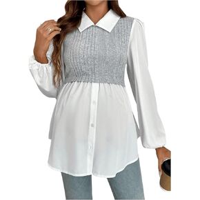MakeMeChic Women's Maternity Blouses Long Sleeve Collared Rib Knitted 2 in 1 Babydoll Shirt