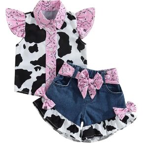 Emmababy Western Toddler Girls Denim Outfits Ruffle Sleeveless Cow Print Shirt Button Down Tops Belted Wide Leg Jeans Shorts