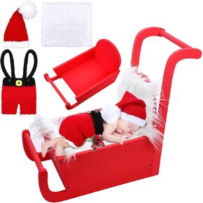 3 Set Christmas Newborn Photography Props Mini Red Sleigh Newborn Photography Basket Christmas Cap Newborn Crochet Santa Claus Outfits White Fur Blanket for Baby Newborn Photography Props
