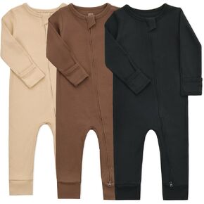 Aablexema Baby Cotton Fooltess Pajamas with Mitten, 3-pack Infant Romper Zip Up One Piece Jumpsuits Outfit