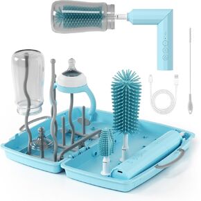 Baby Bottle Brush Travel Essential, USB Rechargeable Bottle Cleaner Brush Set with Silicone Bottle Brush, Nipple Brush, Straw Brush, Bottle Drying Rack and Storage Box, Ideal Gift for Babies