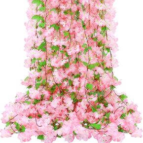 Nuenen 12 Pcs Artificial Cherry Blossom Flower Vines Bulk Faux Cherry Hanging Garland Pink Flower Vines Silk Pink Flowers Garland with Green Leaves for Wedding Party Decor (Totally 92.5 Feet)