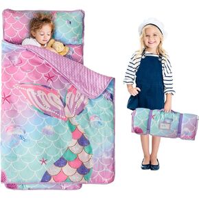 Nap Mats for Daycare Preschool Nap Mat for Toddlers Girls Kids Sleeping Bag with Pillow and Blanket Roll Up Sleeping Mat Foldable Mat for Camping Travel Kindergarten, Mermaid Tail