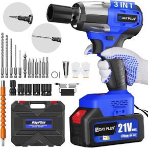 1/2" Cordless Impact Wrench, 3-in-1 Electric Wrench Brushless Max Torque 406 ft-lbs(550Nm), Impact Wrench 18 Accessories for Drilling/Screwing, 3400RPM Impact Gun LED for Car,Home,DIY(3000mAh)