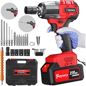 1/2" Cordless Impact Wrench, 3-in-1 Electric Wrench Brushless Max Torque 406 ft-lbs(550Nm), Impact Wrench 18 Accessories for Drilling/Screwing, 3400RPM Impact Gun LED for Car,Home,DIY(3000mAh)