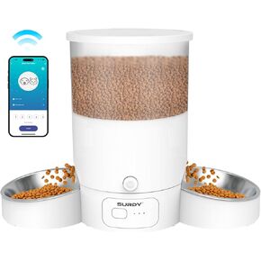 Automatic Cat Feeder with 5G WiFi, 20 Cups/5L SURDY Automatic Cat Food Dispenser for 2 Cats Smart Pet Feeder with APP Control for Remote Feeding, Dual Power Supply 12 Portions 6 Meals Per Day