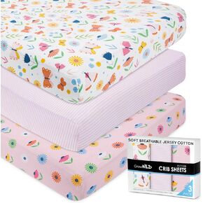 Fitted Crib Sheets by Grow Wild | 3 Pack Soft Stretchy Jersey Cotton Fitted Crib Sheet | Breathable Baby Crib Sheets with Adorable Butterflies Design