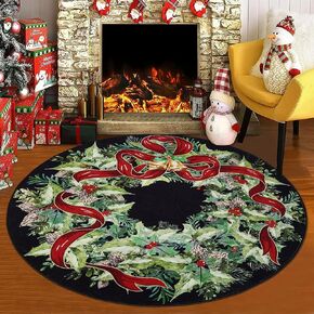 U'Artlines Christmas Washable Round Area Rug 4ft Merry Christmas Tree Stars Laundry Rug Runner Non Slip Soft Throw Rugs Carpet for Entryway Living Room Bedroom