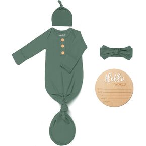 Soft Baby Knot Gown 0-3 Months, Newborn Announcement Sleepers With Mitten Cuffs and Personalized Wooden Name Tag