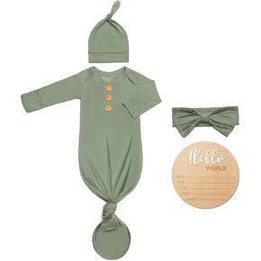 Soft Baby Knot Gown 0-3 Months, Newborn Announcement Sleepers With Mitten Cuffs and Personalized Wooden Name Tag