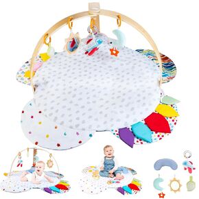 Baby Play Gym & Activity Mat | Stage-Based Developmental Activity Gym & Play Mat for Baby to Toddler, Wooden Tummy Time Mat with Detachable Sensory Toys, Baby Essentials Shower Gift | FSC-Certified