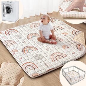 Baby Play Mat: 50x50 Playpen Mat with Super Soft Touch Activity Mat with Anti-Slip Bottom Machine Washable Nursery Rug for Floor & Playard (Boho Rainbow)