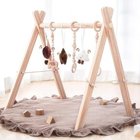 Wooden Baby Play Gym Play Mat Set, Baby Gym with 6 Hanging Sensory Toys Foldable Playgym for Infants Frame Activity Center Hanging Bar for Newborn Shower Gift