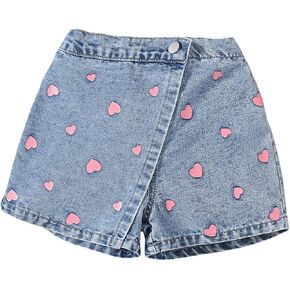 Floerns Toddler Girl's Y2k Heart Print Elastic Waist Denim Skorts Cute Straight Leg Skirt Shorts