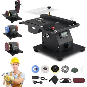 Mini Multi-functional Table Saw with Voltage LED Display, Mini Table Saw for Crafts with 10 Sanding Belts, 0-90° Adjustable Belt Sander, Dual Bench Grinder, 4 in 1 Machine with 7 Speed Adjustable