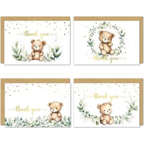 4x6 Greenery Teddy Bear Thank You Cards (Bulk 20-Pack) Baby Shower Thank You Cards with Envelopes, Birthday Party, Weddings, Greeting, Blank Notes, Girl Boy, Gold, Rustic, We can bearly wait