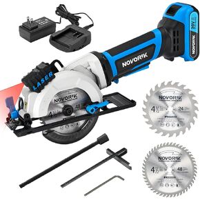 20V Mini Circular Saw Cordless 4-1/2" with Laser 3400RPM, 2 Saw Blades with Rip Guides, Max Cutting Depth 1-11/16" (90°), 1-1/10" (45°) for Wood,Soft Metal, Plastic, Drywwall, Tile Cuts