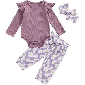 Yoawdats Toddler Baby Girl 3Pcs Clothes Rib Knit Romper Daisy Print Pants with Headband Newborn Infant Fall Winter Outfit