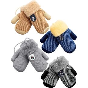 SATINIOR 4 Pair Toddler Mittens with String Kids Fleece Lined Knit Gloves for Baby Boys Girls Winter Thick Thermal Gloves