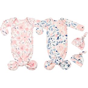 Newborn Baby Cotton Sleeper Knotted Gown with Mittens Long Sleeve Nightgown Coming Home Outfit with Hat 2 Pieces