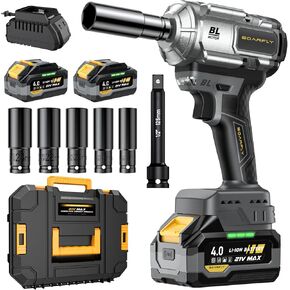 Cordless Impact Wrench, 1200Nm(900ft-lbs) High Torque 1/2'' Impact Wrench, 21V Brushless Electric Impact Gun with 2Pcs 4.0Ah Batteries, 1 Hour Fast Charger, 5 Sockets, Power Impact Driver for Car Home