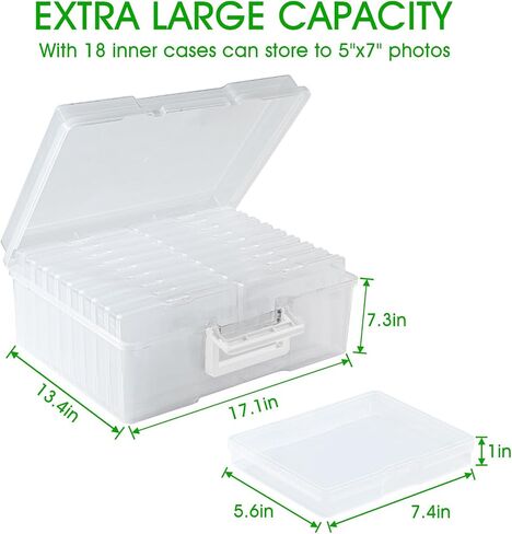 Photo Storage Box 5 x 7 Inches, 18 Inner Extra Large Photo Boxes with Dividers, Clear Acid-Free Photo Storage Containers with Handle, Photo Organizer Craft Keeper for Photo, Craft, Stamp in Saudi Arabia
