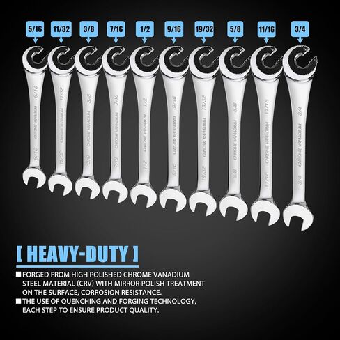 LOSCHEN 10 pcs SAE Ratcheting Wrench Combination Wrench Set 10 Pcs/Set with 72 Teeth, Chrome Vanadium Steel Tubing Ratchet Spanner（US and European Patents） in Saudi Arabia