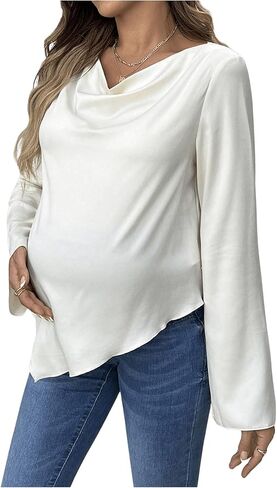 MakeMeChic Women's Maternity Blouse Long Sleeve Cowl Neck Asymmetrical Hem Pregnancy Tops in Saudi Arabia