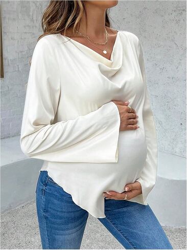 MakeMeChic Women's Maternity Blouse Long Sleeve Cowl Neck Asymmetrical Hem Pregnancy Tops in Saudi Arabia