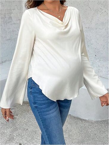 MakeMeChic Women's Maternity Blouse Long Sleeve Cowl Neck Asymmetrical Hem Pregnancy Tops in Saudi Arabia