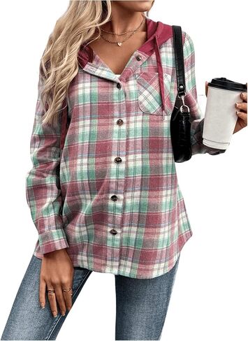 MakeMeChic Women's Maternity Gingham Plaid Hooded Shirts Button Down Long Sleeve Pregnancy Jacket in Saudi Arabia