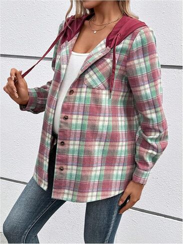 MakeMeChic Women's Maternity Gingham Plaid Hooded Shirts Button Down Long Sleeve Pregnancy Jacket in Saudi Arabia