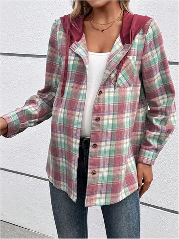 MakeMeChic Women's Maternity Gingham Plaid Hooded Shirts Button Down Long Sleeve Pregnancy Jacket in Saudi Arabia