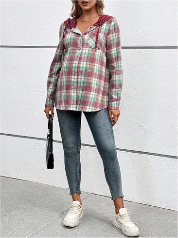 MakeMeChic Women's Maternity Gingham Plaid Hooded Shirts Button Down Long Sleeve Pregnancy Jacket in Saudi Arabia