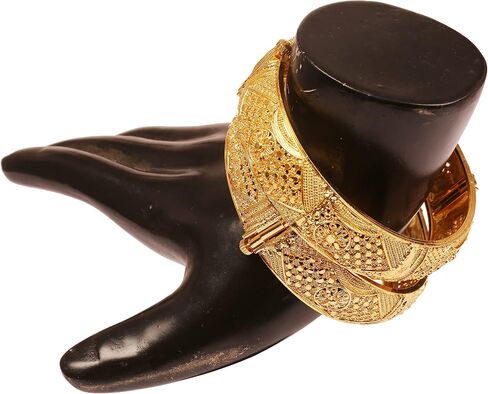 Touchstone NEW Indian Bollywood Trend Splendid Traditional Craftsmanship Floral Wrist Enhancing Designer Jewelry Thick Bracelets Bangles Set Of 2 In Gold Tone For Women. in Saudi Arabia