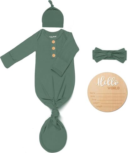 Soft Baby Knot Gown 0-3 Months, Newborn Announcement Sleepers With Mitten Cuffs and Personalized Wooden Name Tag in Saudi Arabia