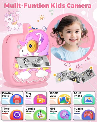 Kids Camera Instant Print, Christmas Birthday Gifts Toy for Kids Age 3-8, 48MP &1080P Kids Digital Camera with Print Paper, Portable Toy Instant Print Camera for Kids 3 4 5 6 7 8 9 10 Year Old Girls in Kuwait