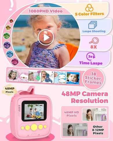 Kids Camera Instant Print, Christmas Birthday Gifts Toy for Kids Age 3-8, 48MP &1080P Kids Digital Camera with Print Paper, Portable Toy Instant Print Camera for Kids 3 4 5 6 7 8 9 10 Year Old Girls in Kuwait
