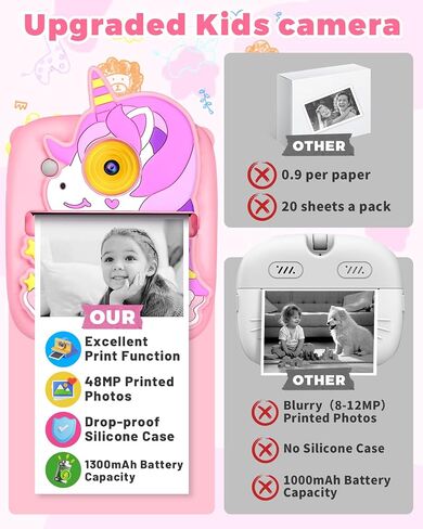 Kids Camera Instant Print, Christmas Birthday Gifts Toy for Kids Age 3-8, 48MP &1080P Kids Digital Camera with Print Paper, Portable Toy Instant Print Camera for Kids 3 4 5 6 7 8 9 10 Year Old Girls in Kuwait