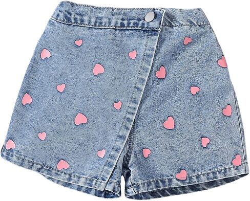 Floerns Toddler Girl's Y2k Heart Print Elastic Waist Denim Skorts Cute Straight Leg Skirt Shorts in Saudi Arabia