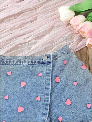 Floerns Toddler Girl's Y2k Heart Print Elastic Waist Denim Skorts Cute Straight Leg Skirt Shorts in Saudi Arabia