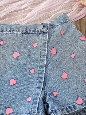 Floerns Toddler Girl's Y2k Heart Print Elastic Waist Denim Skorts Cute Straight Leg Skirt Shorts in Saudi Arabia
