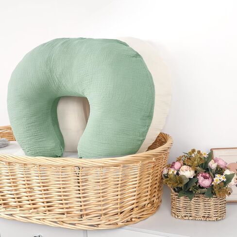 GFU Muslin Nursing Pillow Covers 2 Pack, Soft Feeding Pillow Slipcover for Breastfeeding Moms, Removable Case for Baby Girl and Boy (Beige,Green) in Saudi Arabia