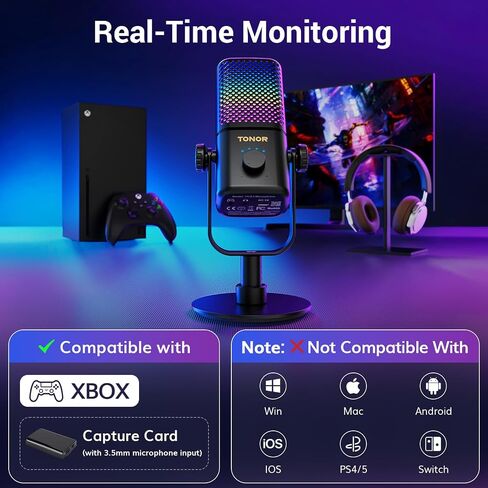 TONOR Gaming Microphone Compatible with Xbox, RGB Condenser Streaming Mic with 30H Battery Life, Low Noise, Monitoring, Gain Control, One Tap Mute, Fast Charging, Compatible with Capture Card TCX3 in Saudi Arabia
