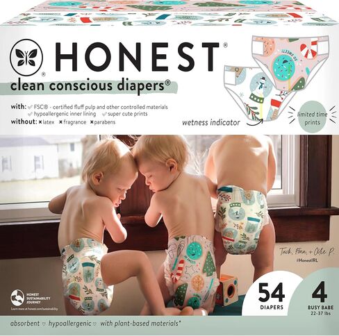 حفاضات The Honest Company المريحة الجافة للاستعمال مرة واحدة، مطبوعات نباتية مستدامة، مطبوعات موسمية لشتاء 24، صندوق النادي، مقاس 5 (27 رطلاً)، 44 قطعة in Kuwait