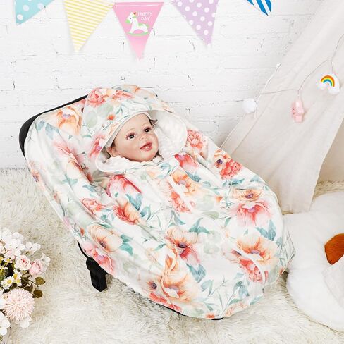 GFU طفل مقعد السيارة المعطف، دافئ الأطفال مقنعين معطف المعطف، غطاء مقعد السيارة الشتاء لطفلة، لينة ومريحة بطانية مقعد السيارة للأطفال الرضع، والزهور الوردية in Kuwait